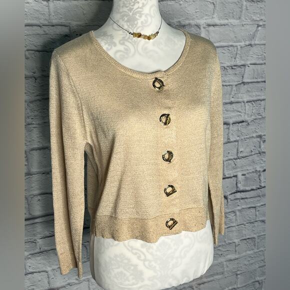 Calvin Klein gold metallic button-down crop cardigan size large - Picture 3 of 10